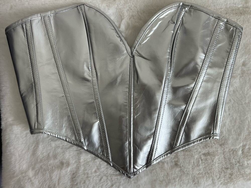 Bustier Corset Women’s XS Silver Tie Up Faux Leather Festival Concert Party